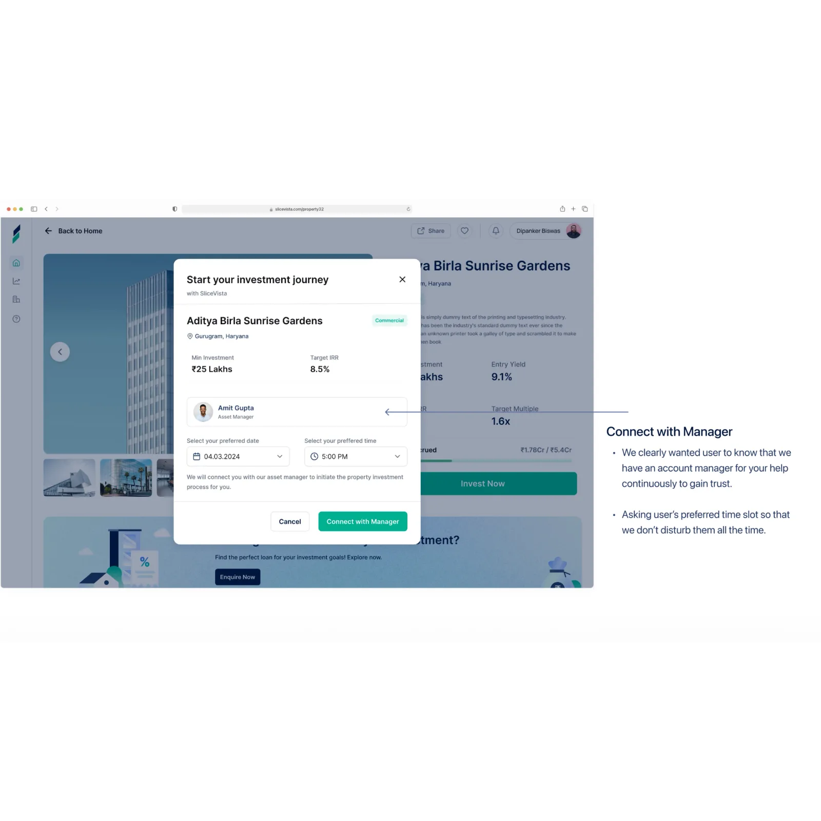 Invest flow, connect with manager + status tracker