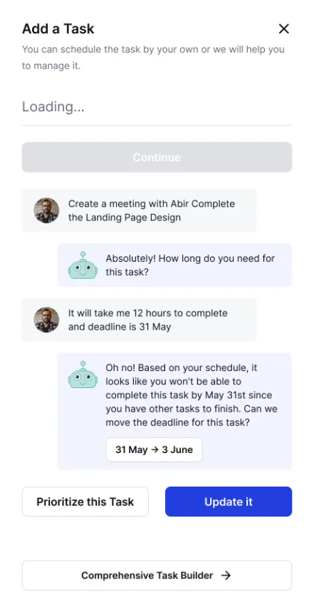 Add a task, comprehensive task builder chat