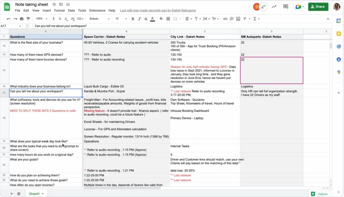 Interview note-taking sheet