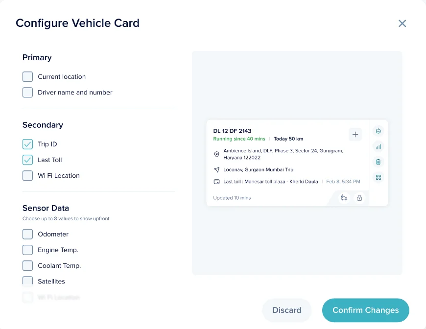 Configure Vehicle Card, data-point picker